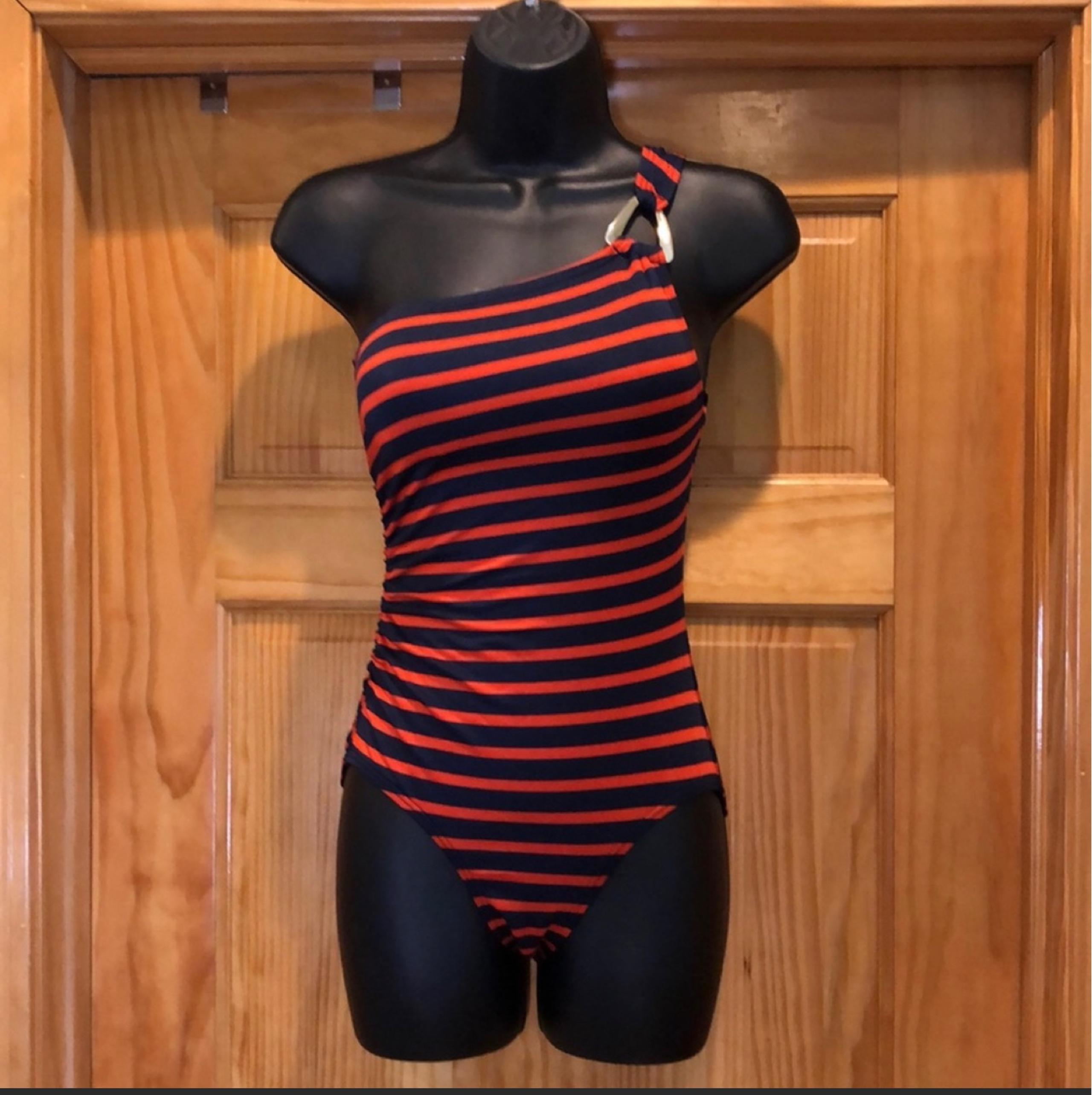 Michael Kors Navy Stipped one-shoulder swimsuit
