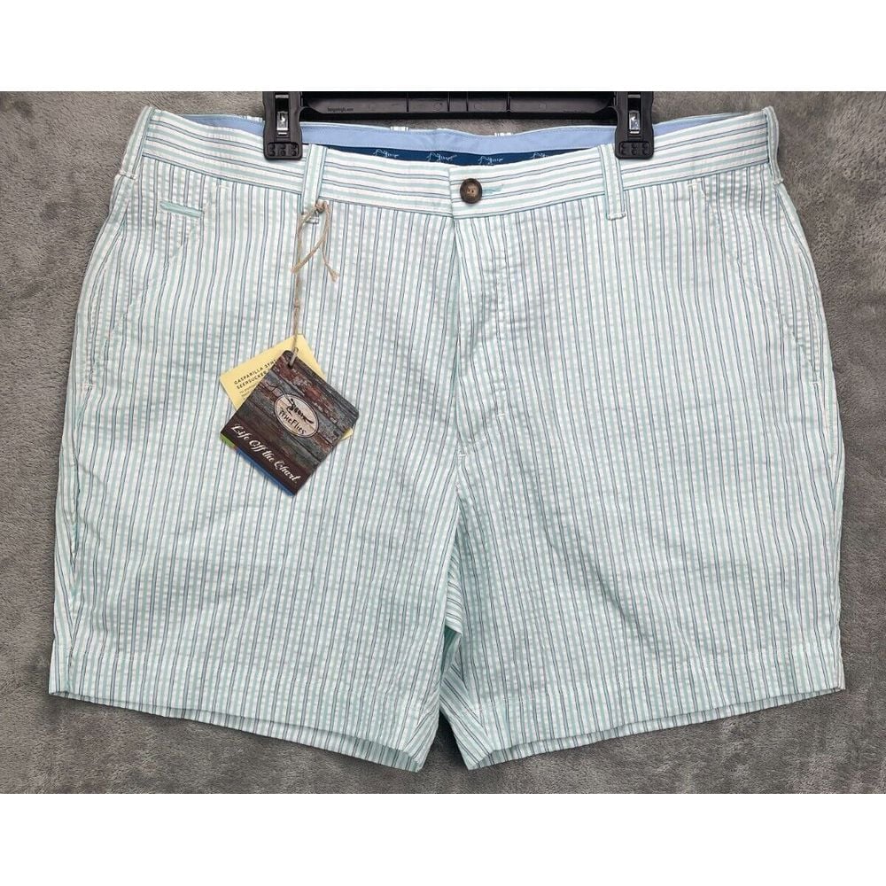NWT True Flies Men's Shorts 40 Gasparilla Seersucker Sea Foam Green Striped $75