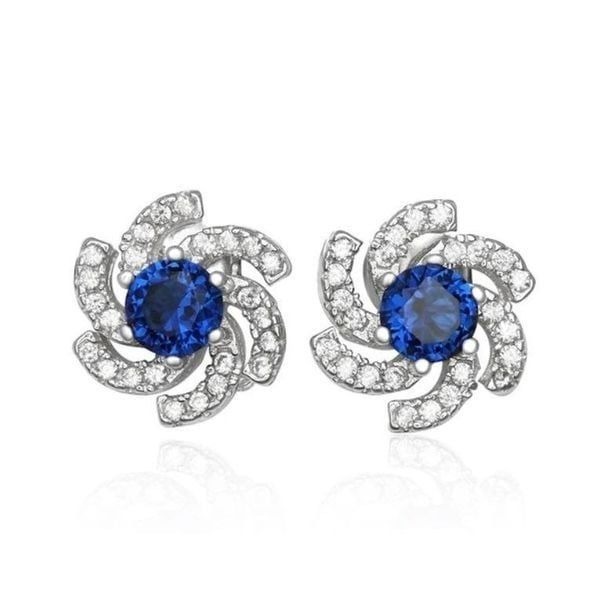Blue Sapphire/White Topaz Pinwheel Stud Earrings~925 Sterling Silver