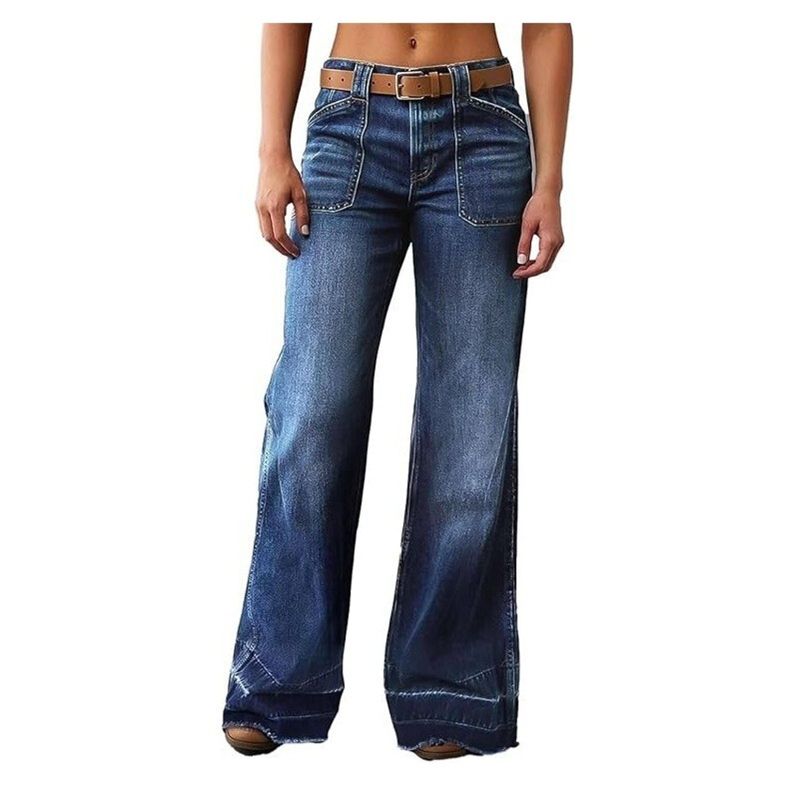 Flamingals Wide Straight Leg Mid Rise Baggy Pocket Denim Jeans Without Belt 4XL