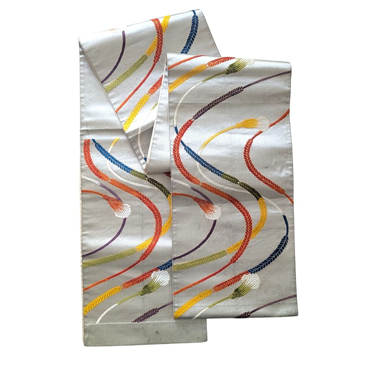 Vintage Japanese Silk Obi With Multicolor Embroidered Colorful Rope and Tassels