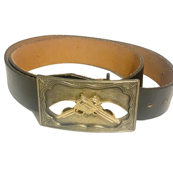 Mens Size 38 Top Grain Steer Hide Leather Black Metal Pistol Buckle Belt