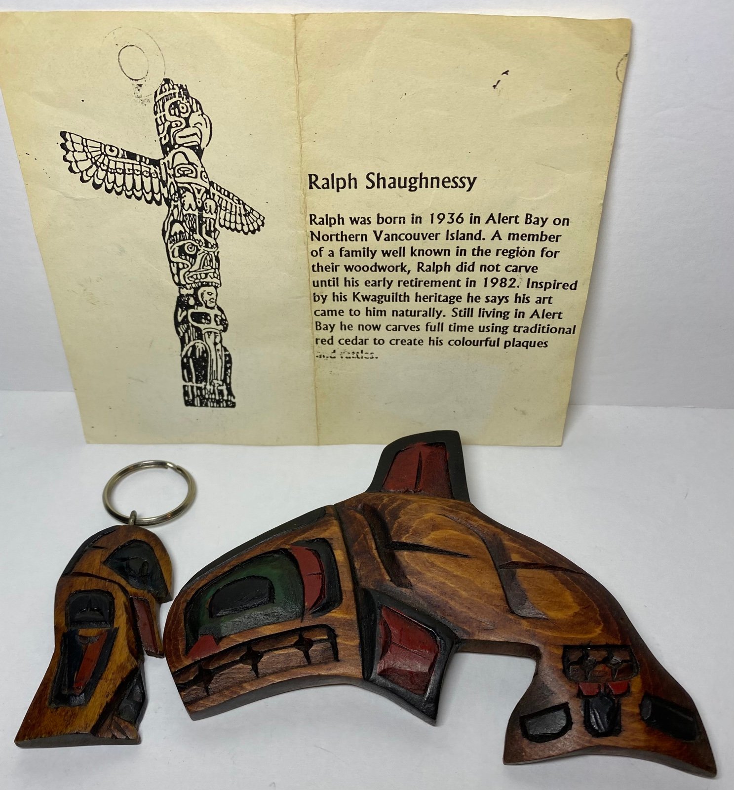 Canada Alert Bay BC Hand Carved Haida Whale & Keychain Signed Ralph Shaughnessy