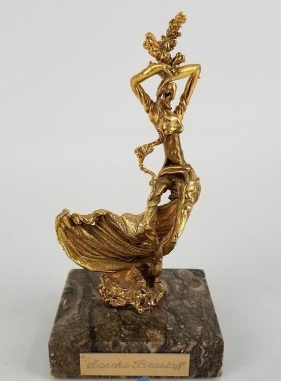 Sascha Brastoff Figurine ~ RARE Gold Plated Bronze Woman Statue Marble Base