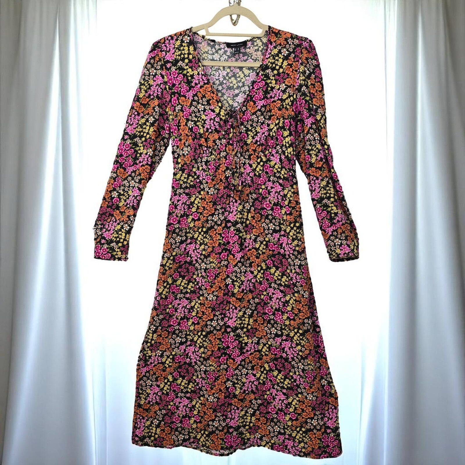 New Look Woman Floral Print Midi Dress Size 4 Long Sleeve Tie Front Black Pink