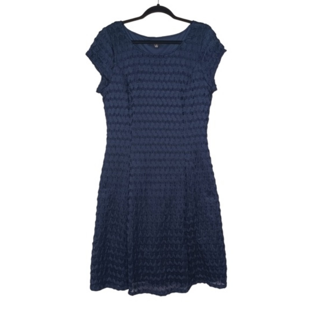 109 SHARAGANO Navy Blue Chevron Print Short Sleeve A-Line Stretchy Dress 14 NWT