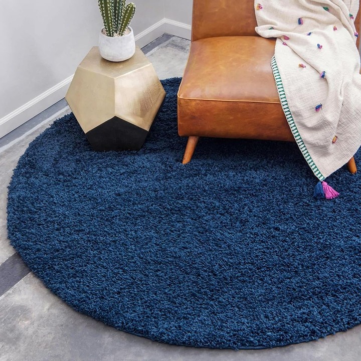 8x8 Feet Dark Blue Shag Soft Plush Round Area Rug