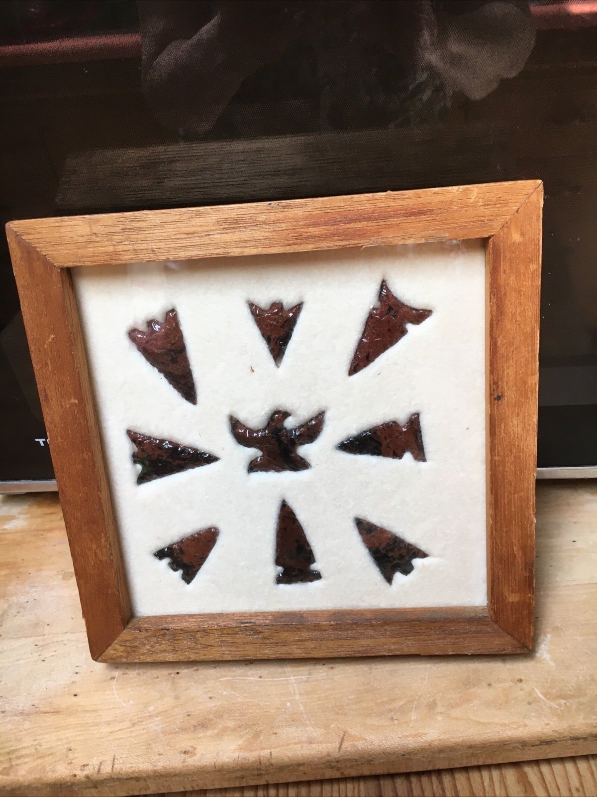 Vintage mahogany arrow heads and eagle effigy framed