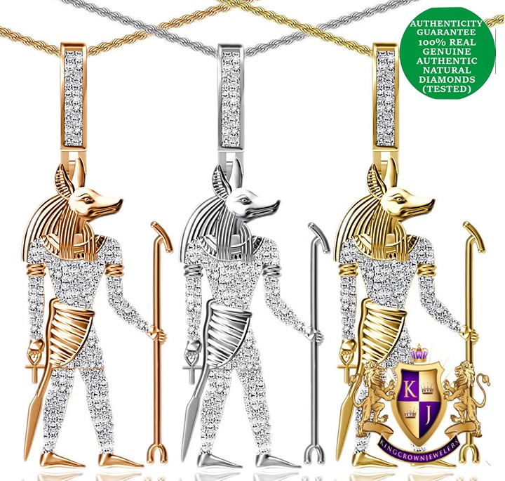 Real Genuine Diamond 0.65 Cwt. Egyptian Anubis Pharaoh Ankh Cross Pendant Charm