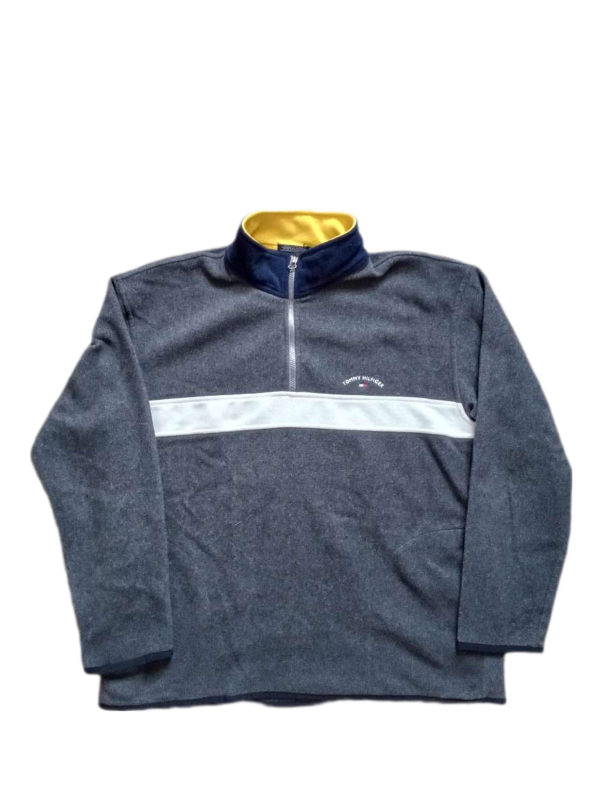 Vintage Tommy Hilfiger Fleece Pullover Mens XXL Quarter zip Gray White Blue Logo