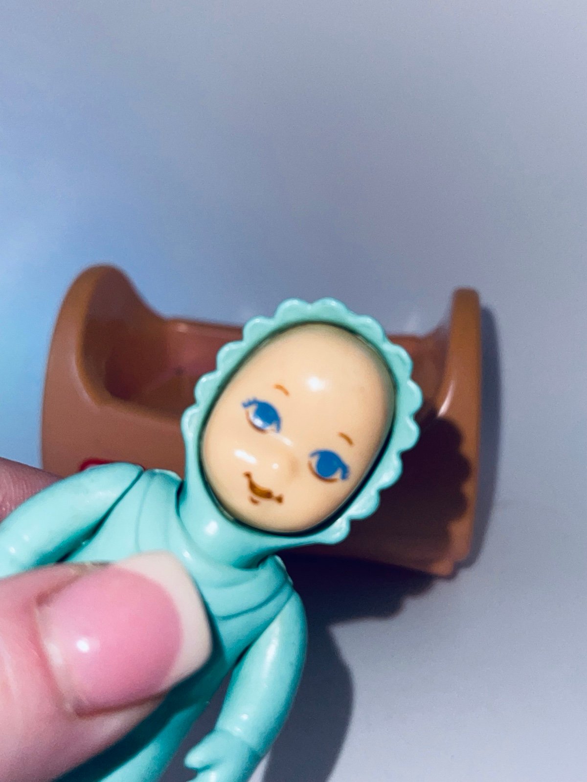 Vtg Little Tikes Pink Baby Cradle set With Teal Baby Dollhouse Size