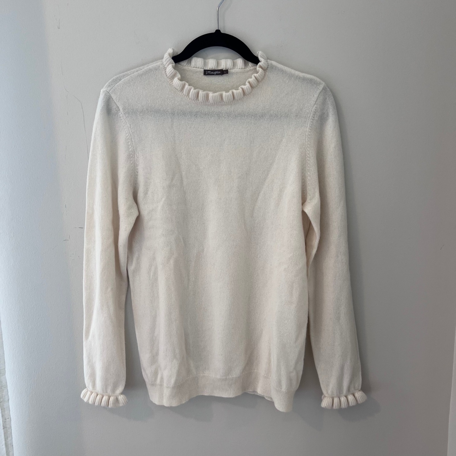 J.McLaughlin Cashmere Sweater Ruffle Trim Long Sleeve Knit Top Cream Size L
