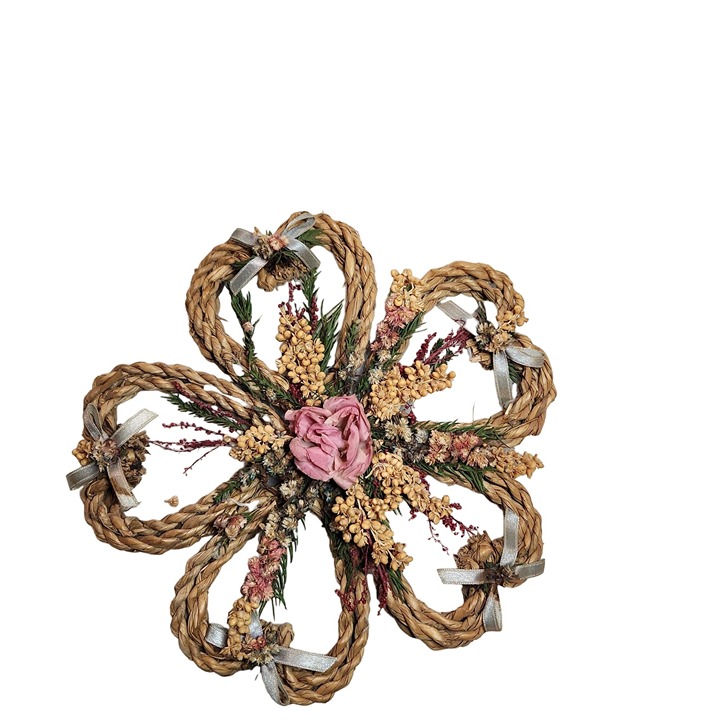 Vintage Floral Woven Rope Wall Hanging With Dried Flower Accents