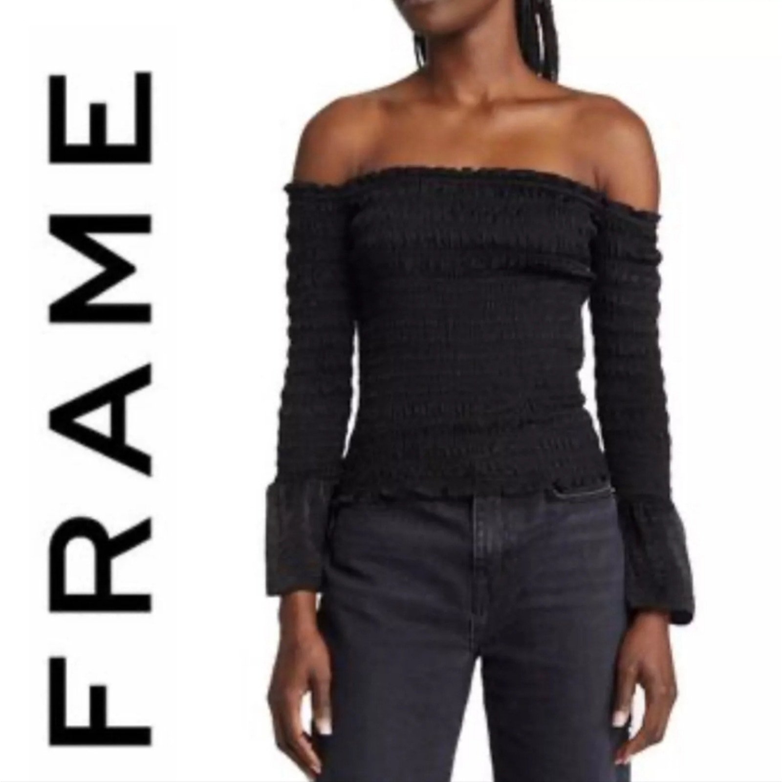 FRAME Smocked Off The Shoulder Top in Black