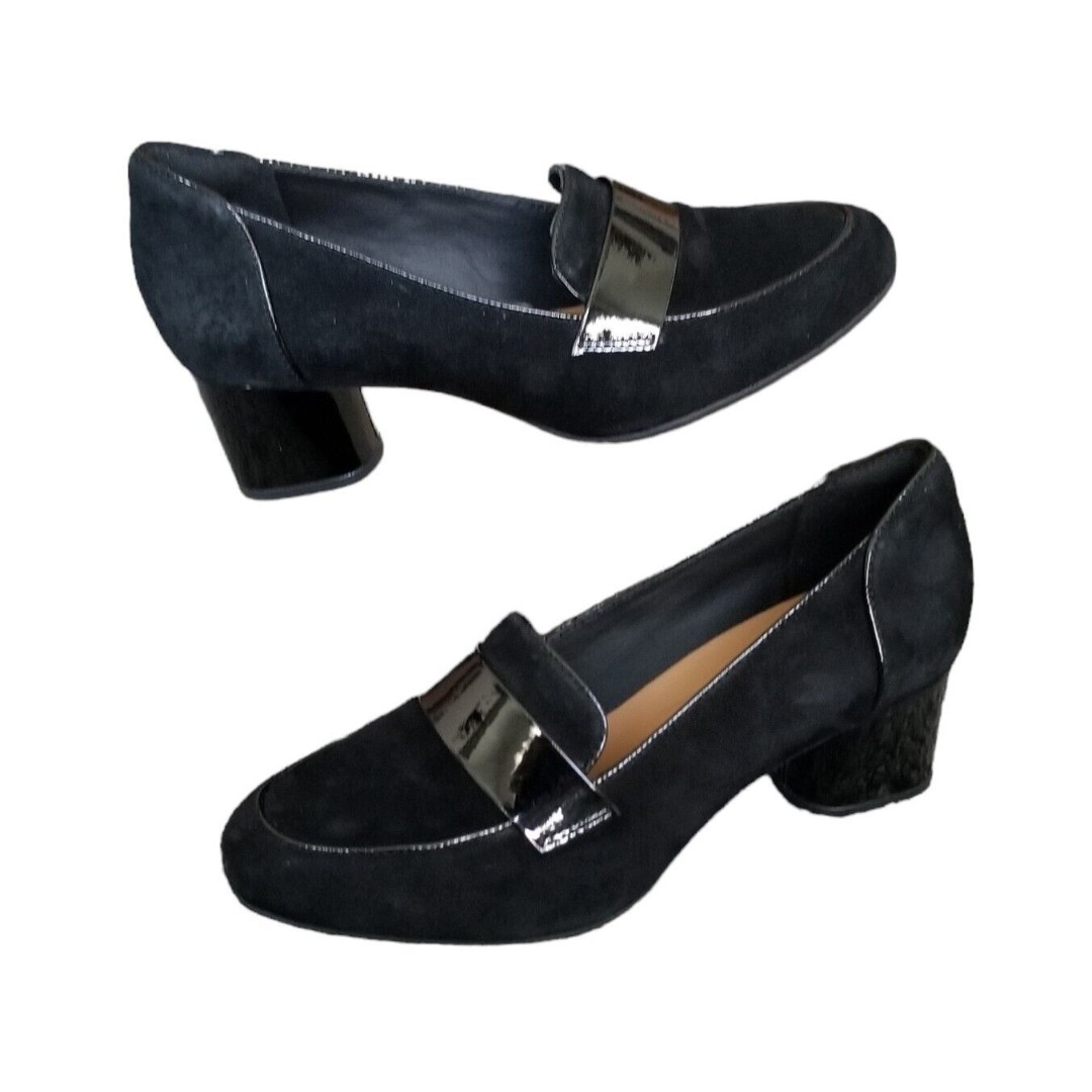 Clarks Un Cosmo Way Black Suede Block Heel Loafer Womens Size 7 READ