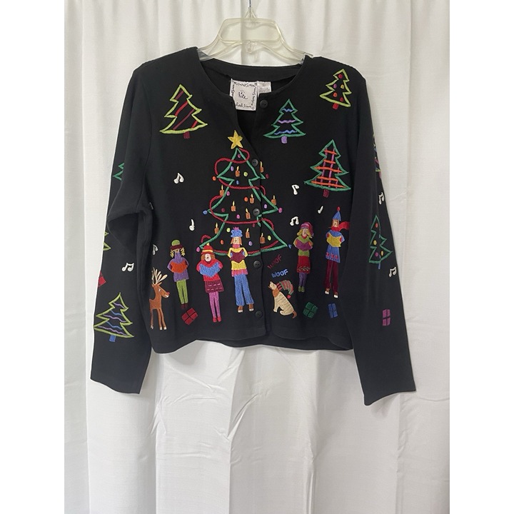 Michael Simon Lite Women's Black Cardigan Embroidered Christmas Trees Holiday L