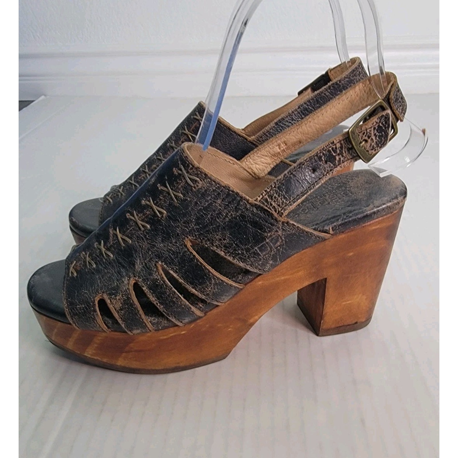 Bed Stu Womens Fontella Sandal Size 7.5 Rustic Black Wood Heel Platform Shoes