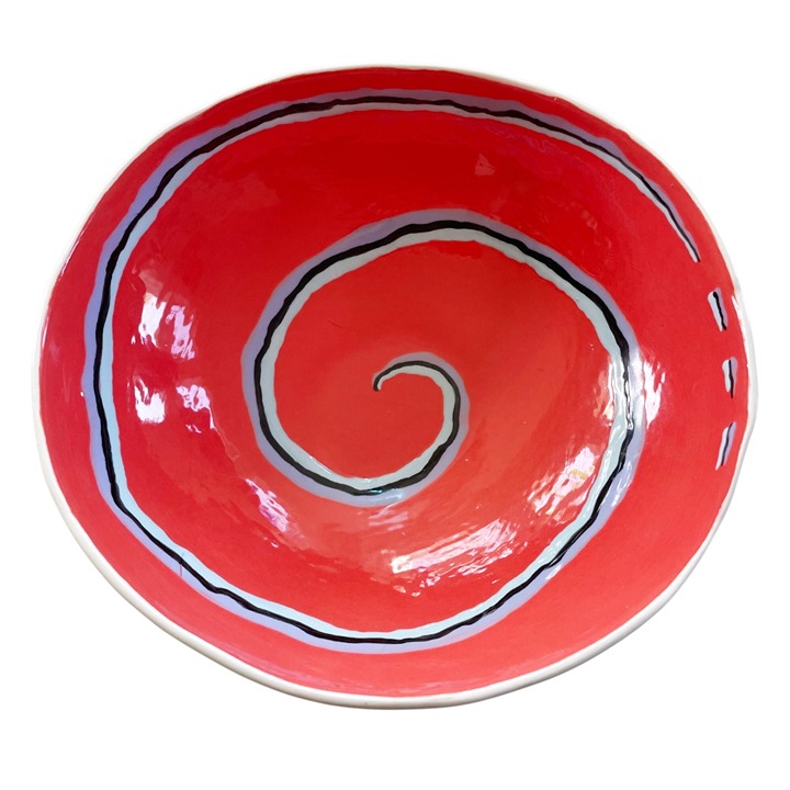 Vintage 1997 Mark Switzer Signed Bowl Orange with Blue Swirl Design 7.5 Wide