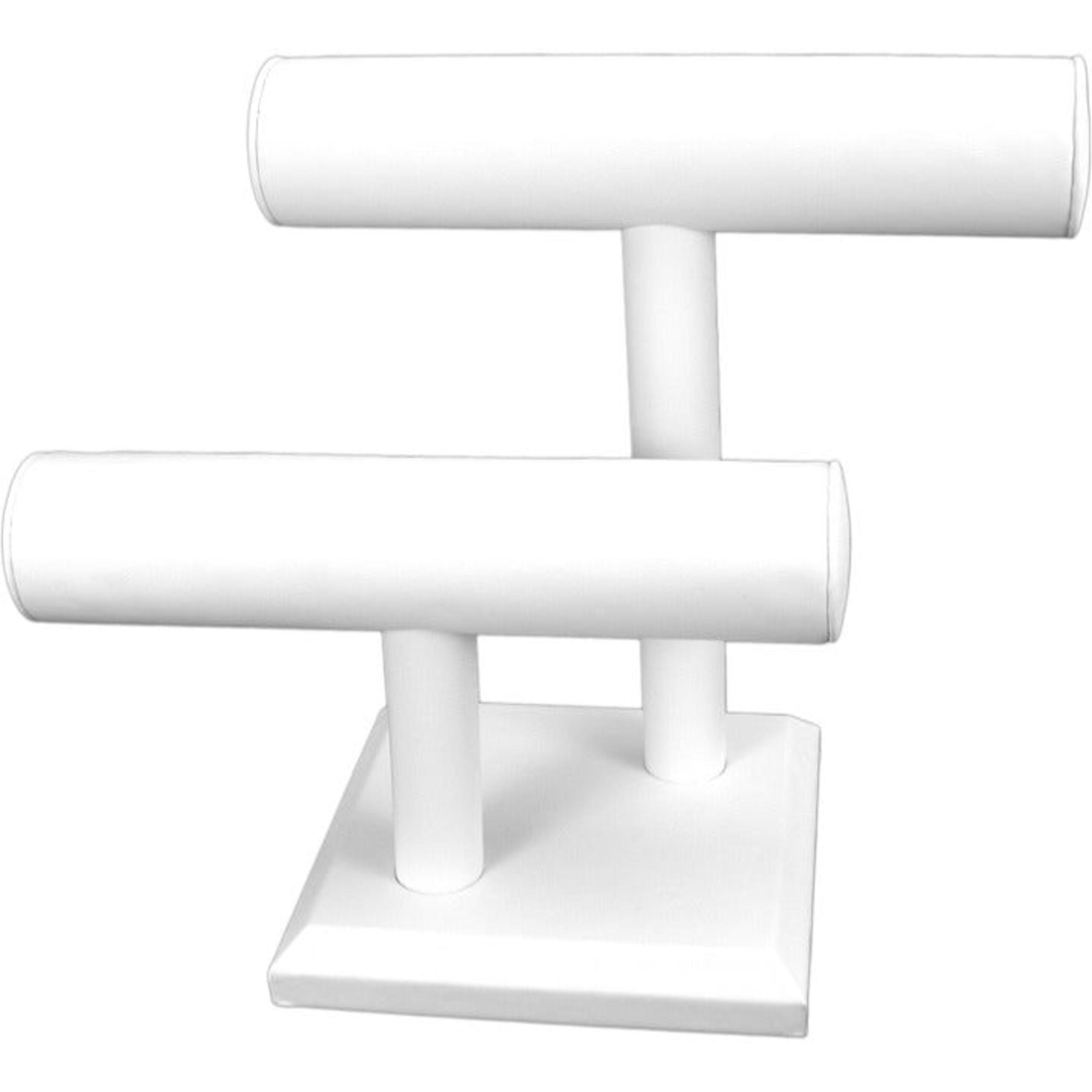 White Faux Leather 2 Tier Double T Bar Jewelry Display 10 1/2" x 8 1/4"