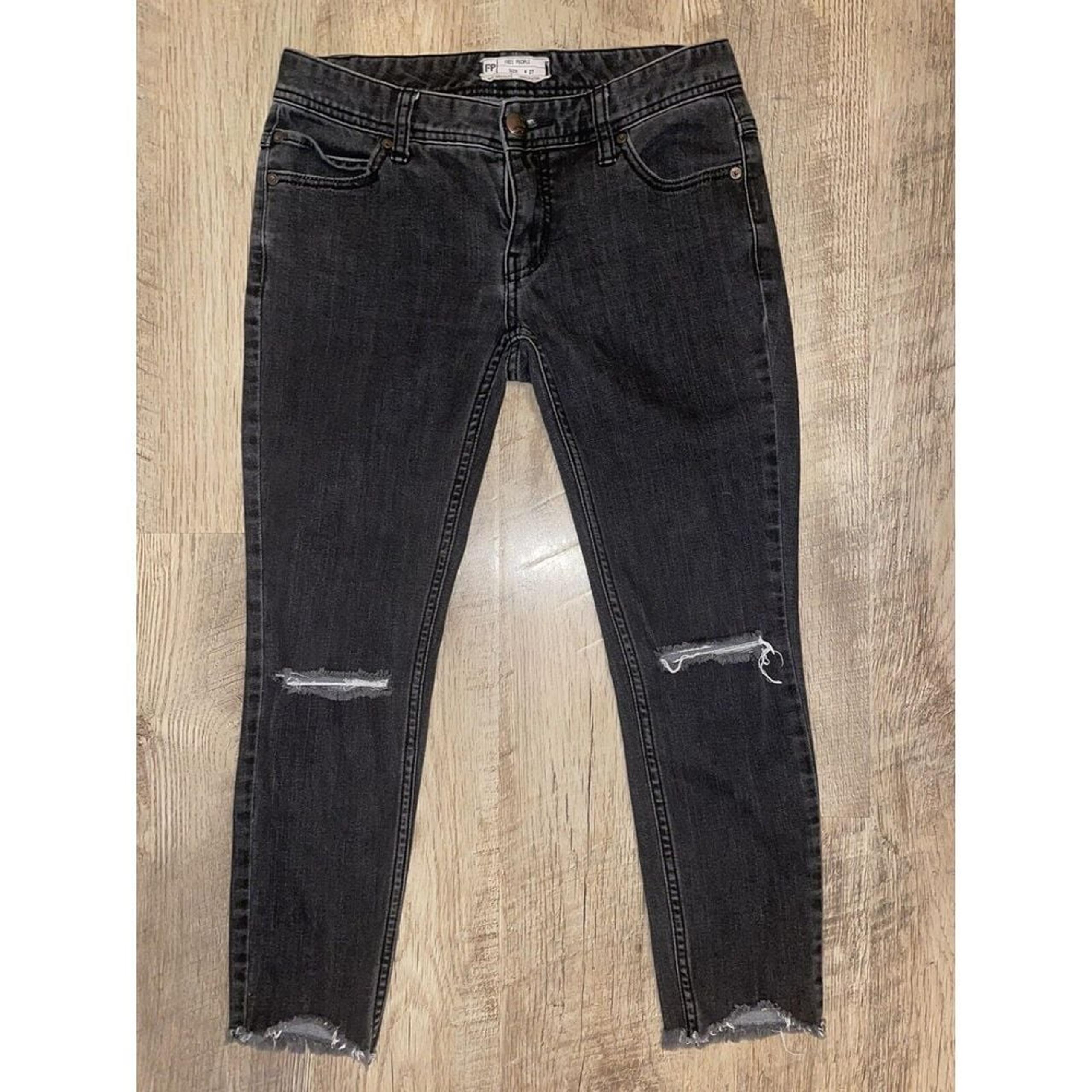Free People Destroyed Raw Hem Cropped Stretch Skinny Jeans Black Size 27