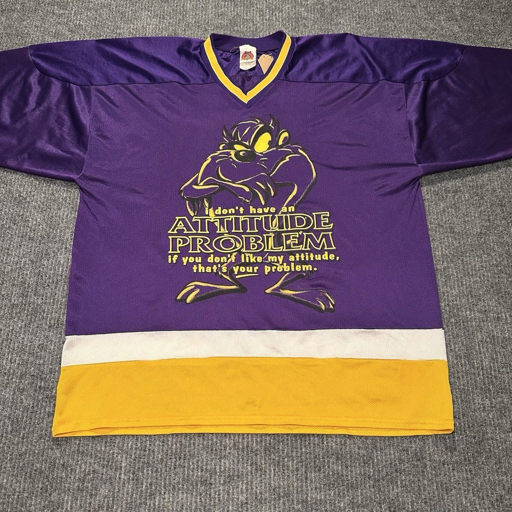 Vintage Taz Looney Tunes 90s Cartoon Attitude Hockey Jersey Size Large Purple