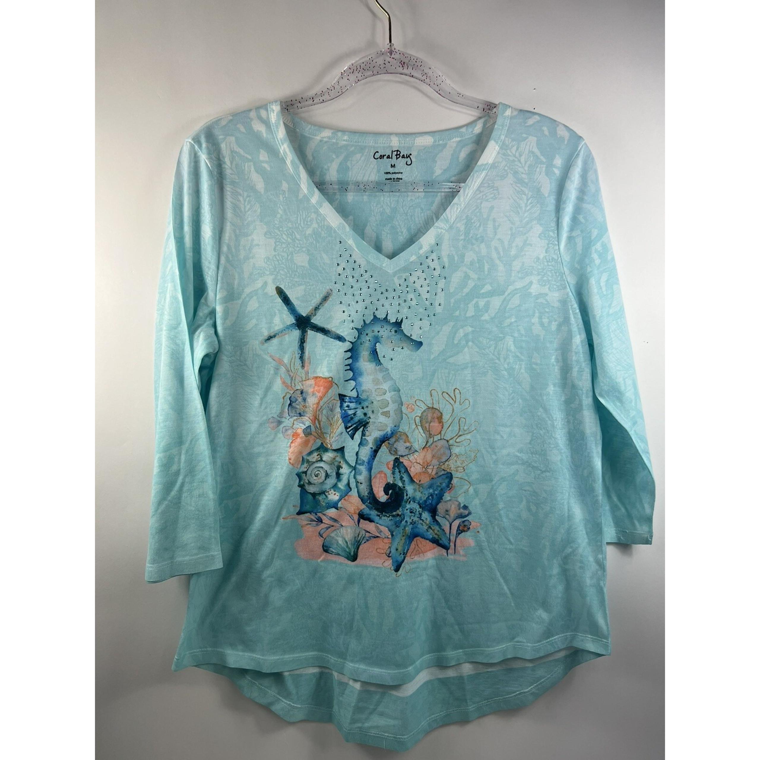 Coral Bay Top Women's Sz M Aqua V-Neck 3/4 Sleeve Seahorse Graphic