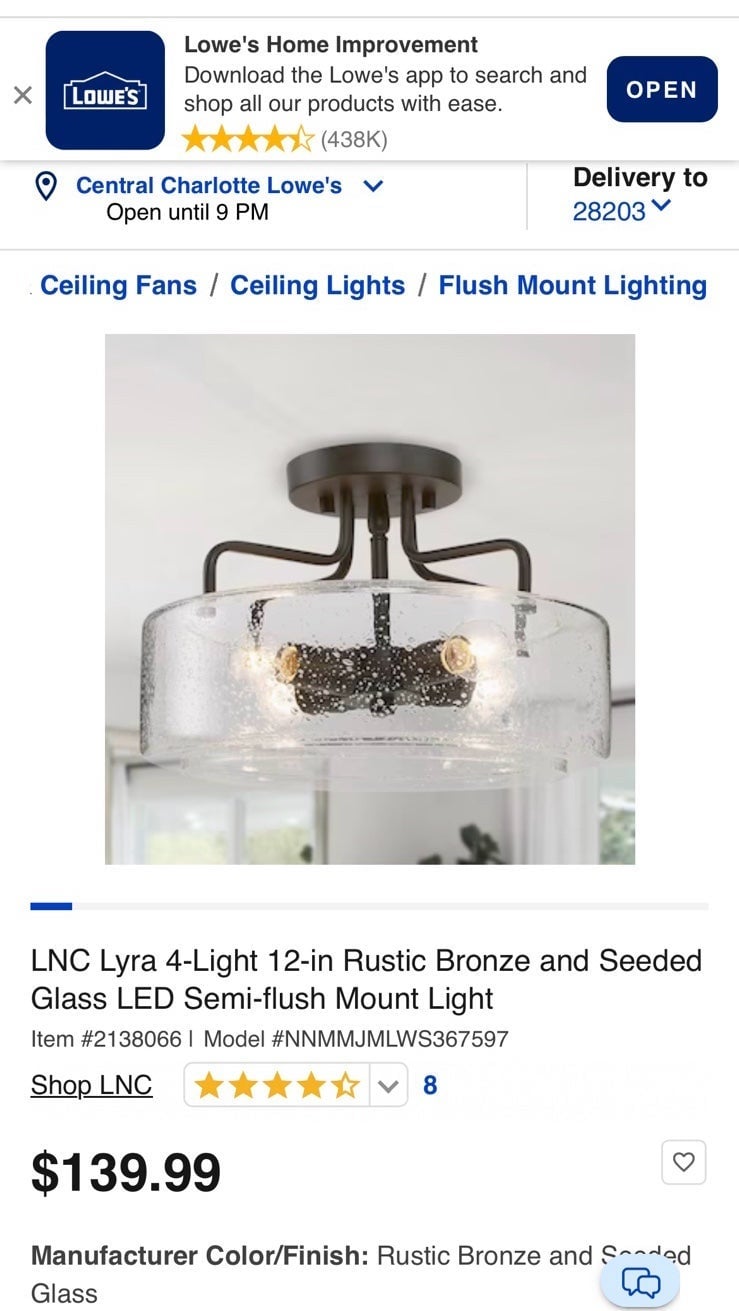 LNC Lyra 4-Light 12-in Rustic Bronze and Seeded Glass LED Semi-flush Mount Light