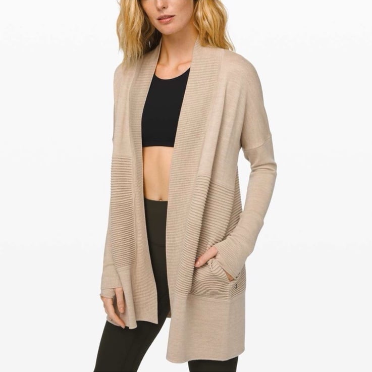 Lululemon Sit In Lotus Wrap Cardigan Beige Merino Wool Open Front Womens Size 10