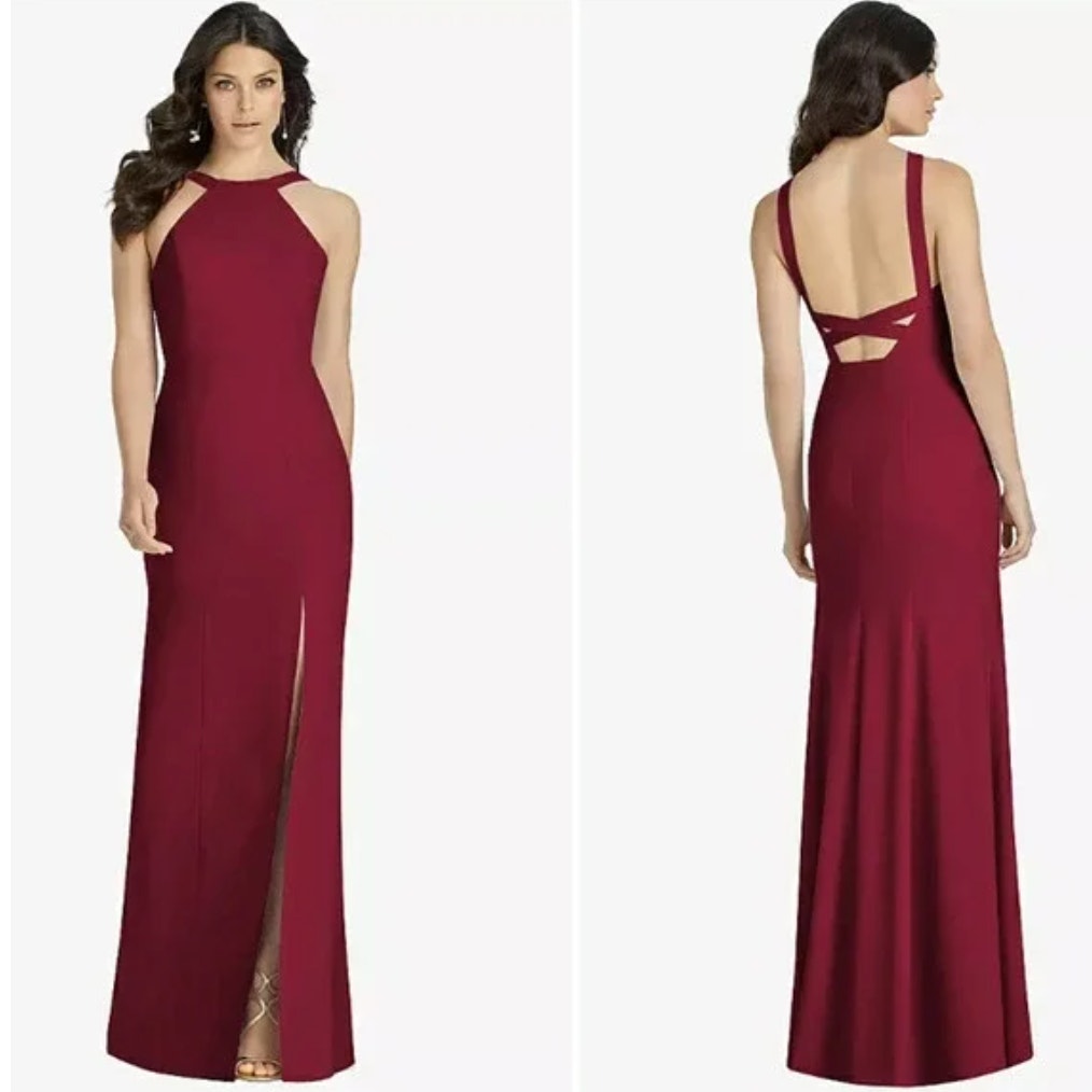 NWT Dessy Collection High Neck Backless Crepe Trumpet Gown in Burgundy 3039