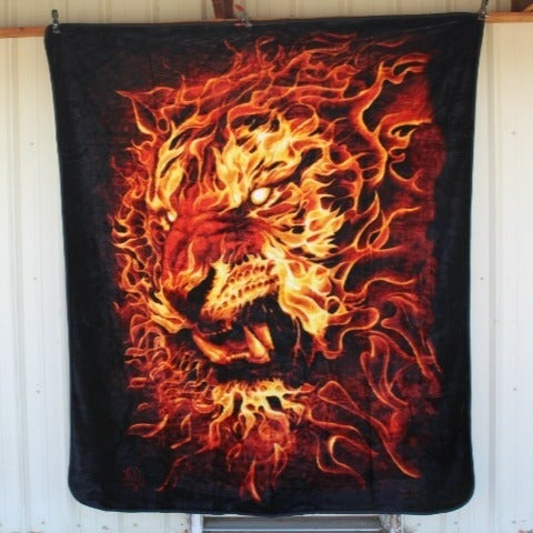 FLAMING FIRE TIGER CAT MYTHICAL FLAMES QUEEN BLANKET BEDSPREAD