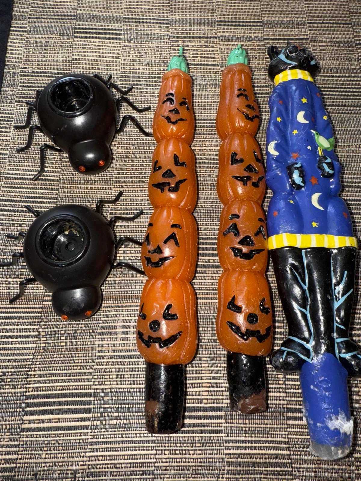 Vintage Lot of Halloween Pumpkin Cat Candles With Spider Holders J