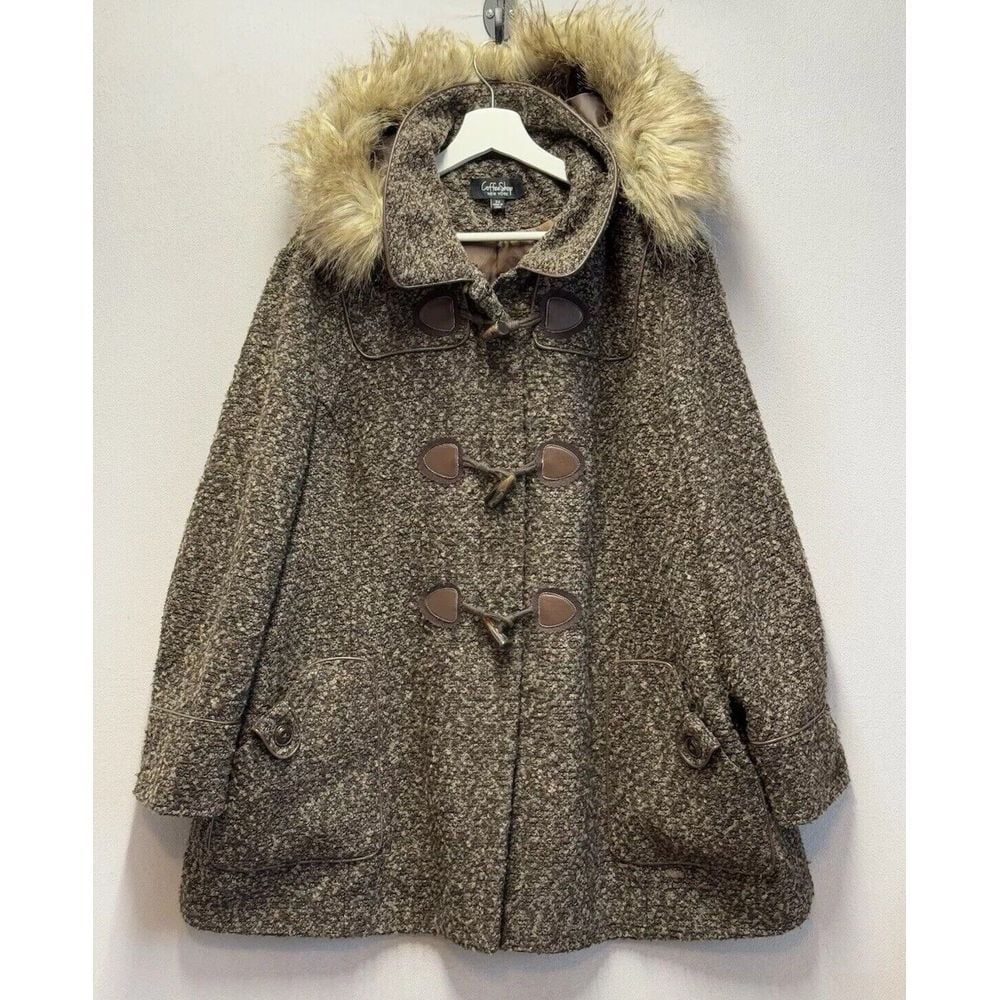 Coffee Shop Brown Boucle Jacket Plus Sz 3X Toggle Button Faux-Fur Hoodie Peacoat