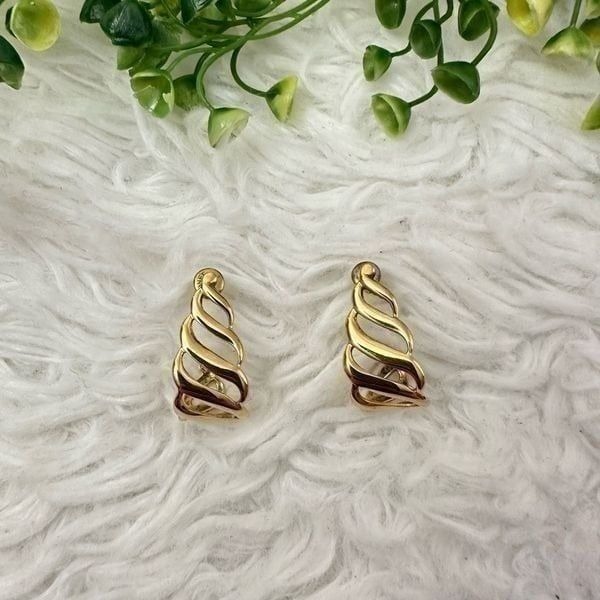 Monet Gold Tone J Hoops Wavy Pierced Stud Earrings Stamped Vintage