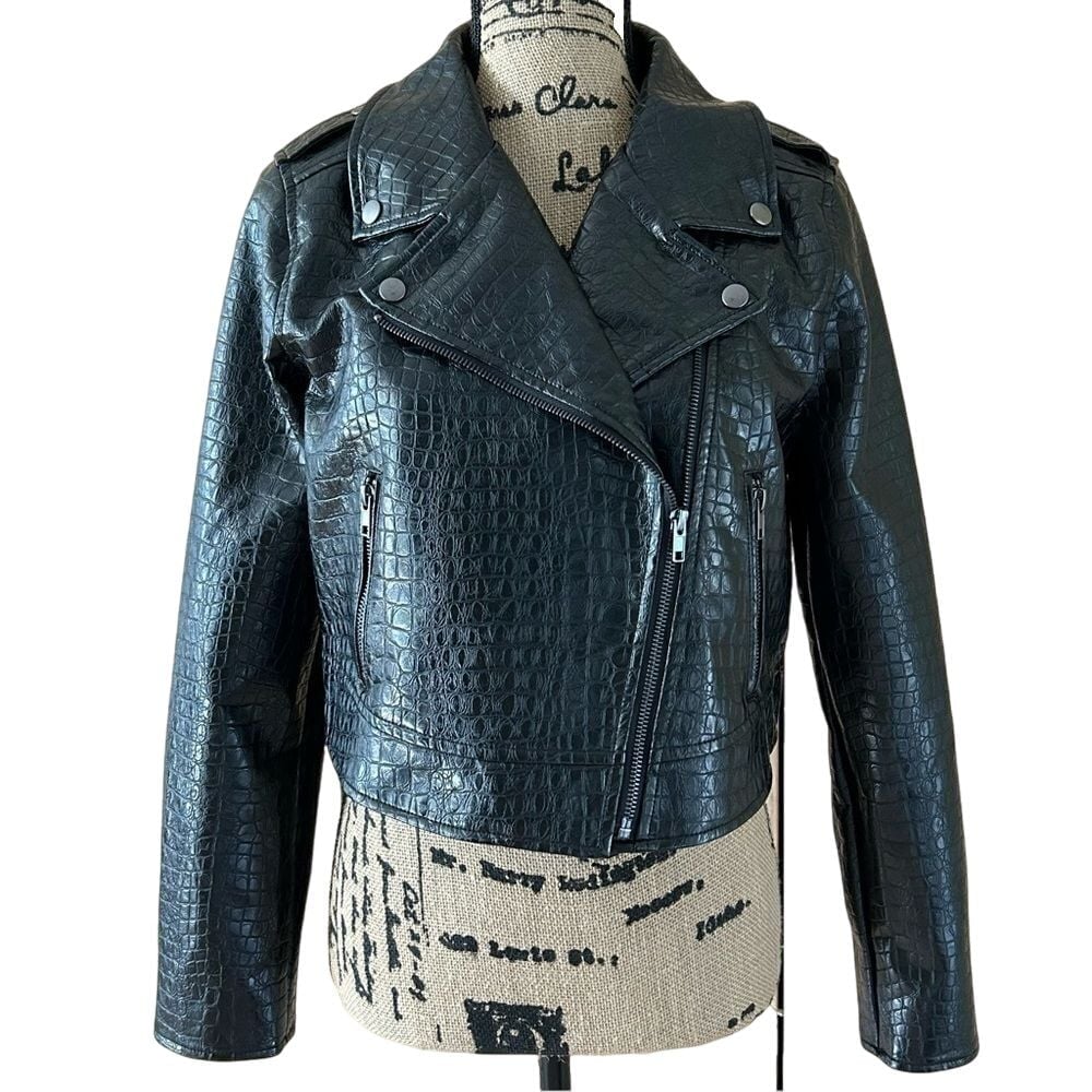 Modcloth Jacket Women's M Crocodile Embossed Black Faux Crop Leather Moto Biker