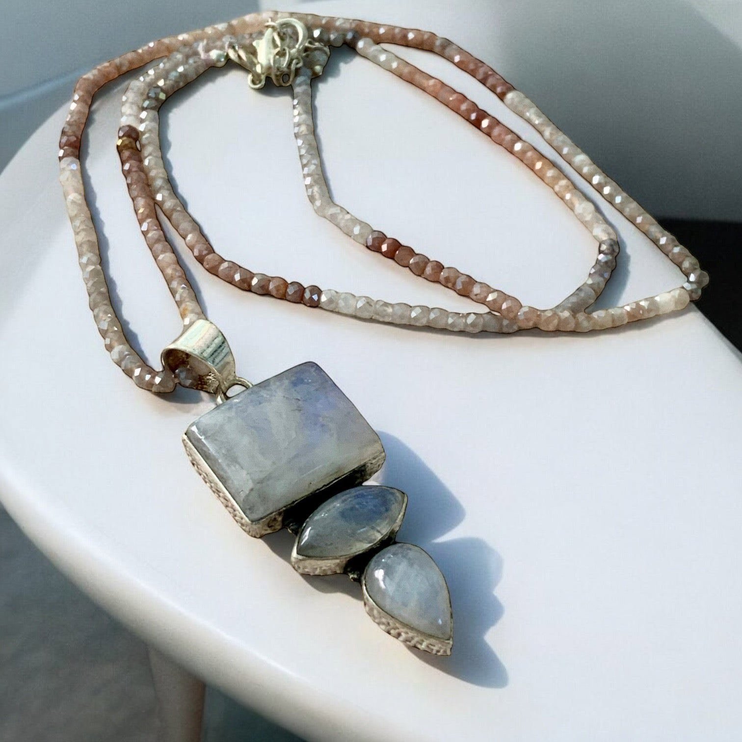 Rainbow Moonstone Solid 925 Sterling Silver Pendant Necklace