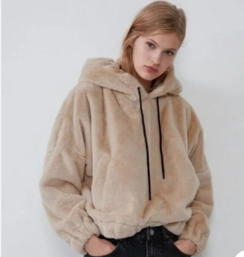 Zara Faux Fur Pullover Hoodie with drawstring waist