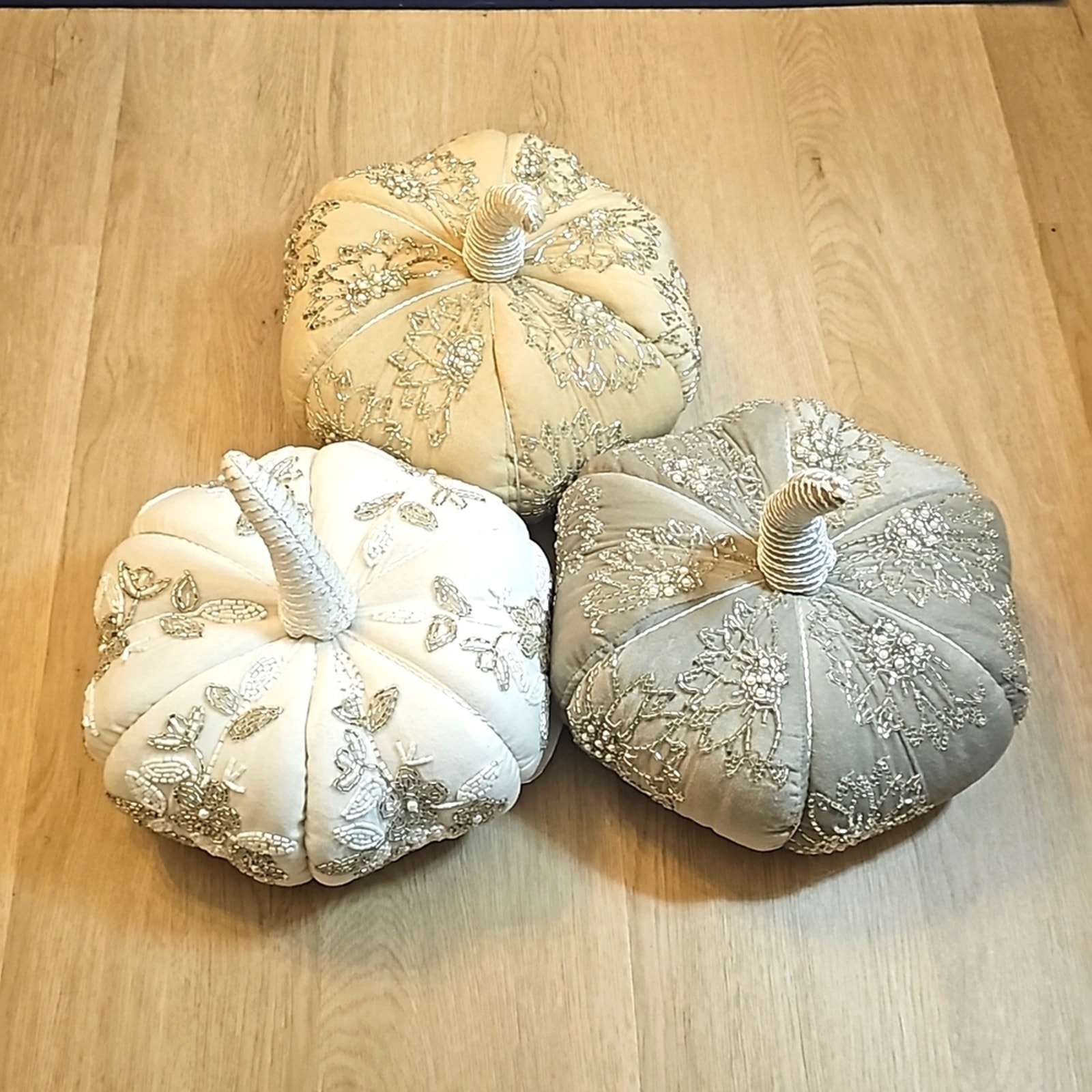 NWT Stuffed Pumpkins w Bling & Faux Pearls. White, Tan & Gray. Set of 3. 12x12