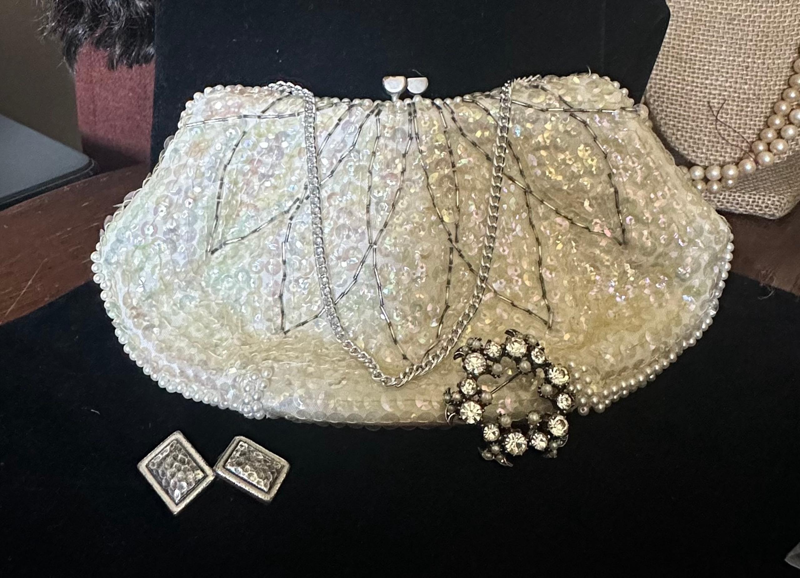 Vintage sequin purse, brooch and clip ons