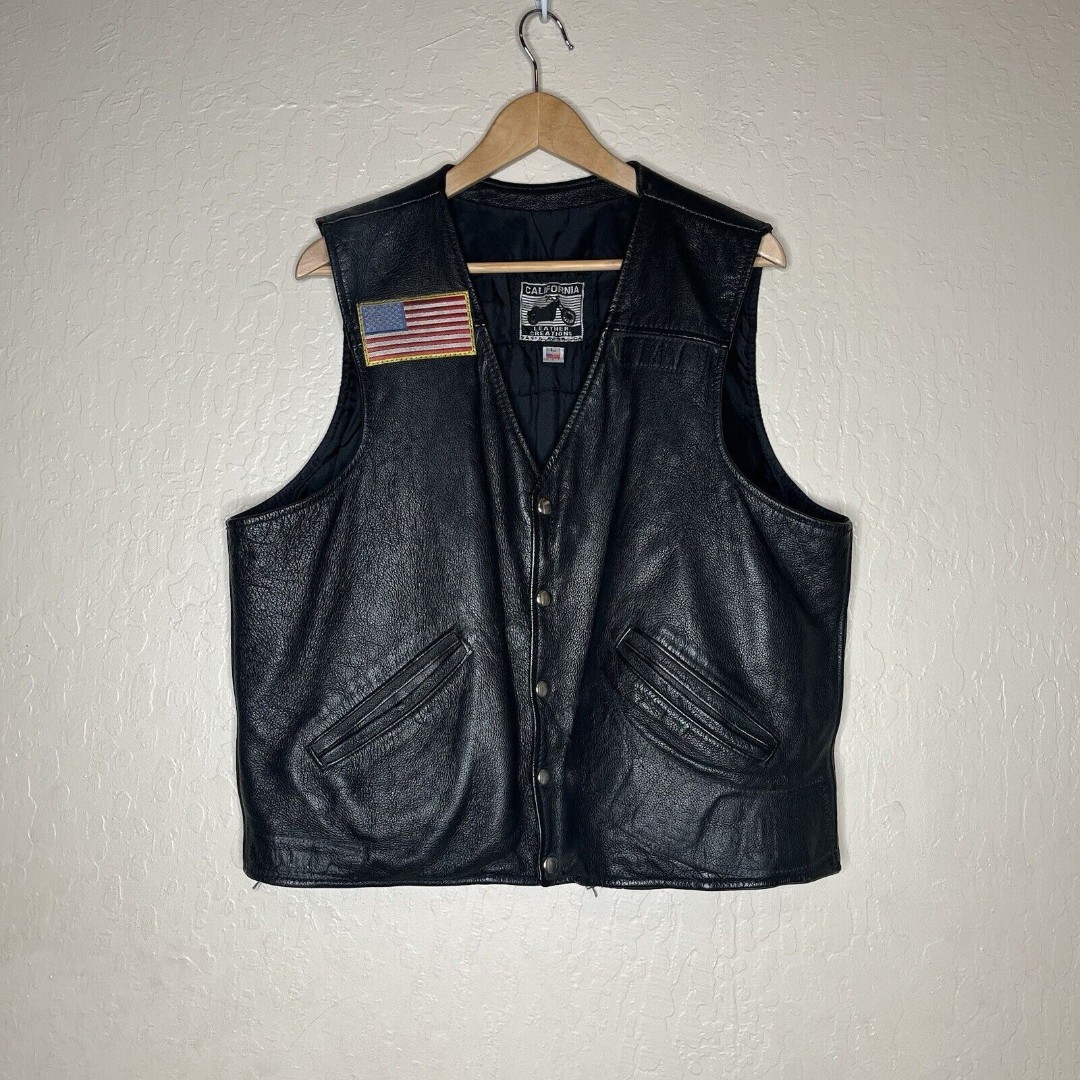 Vintage California Creations Black Motorcycle Leather Vest Mens Size L USA MADE