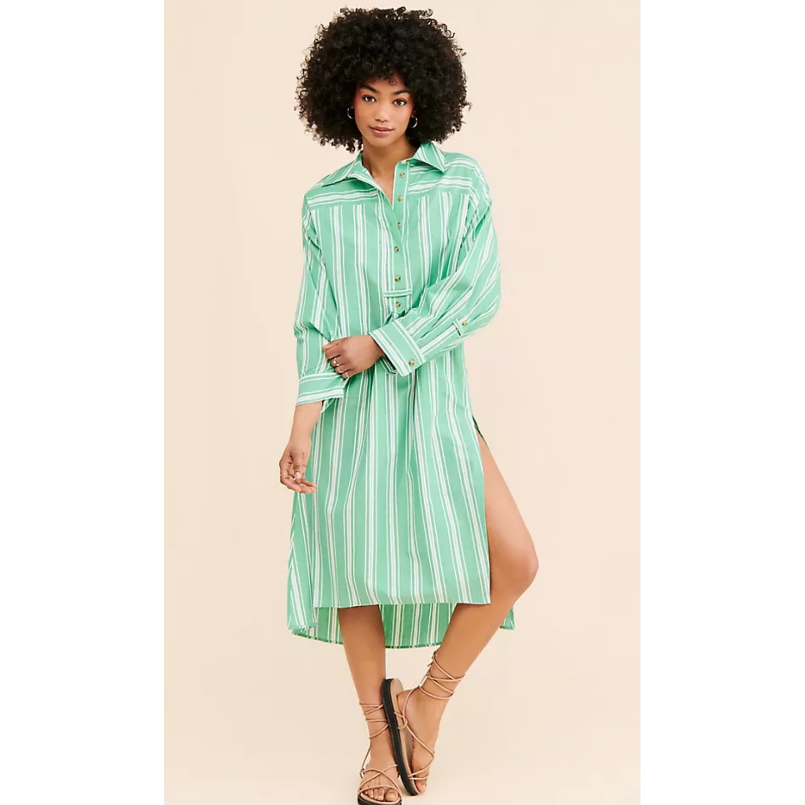 Women's Anthropologie Striped Midi Shirt Dress Green White Striped XXS/XS NEW