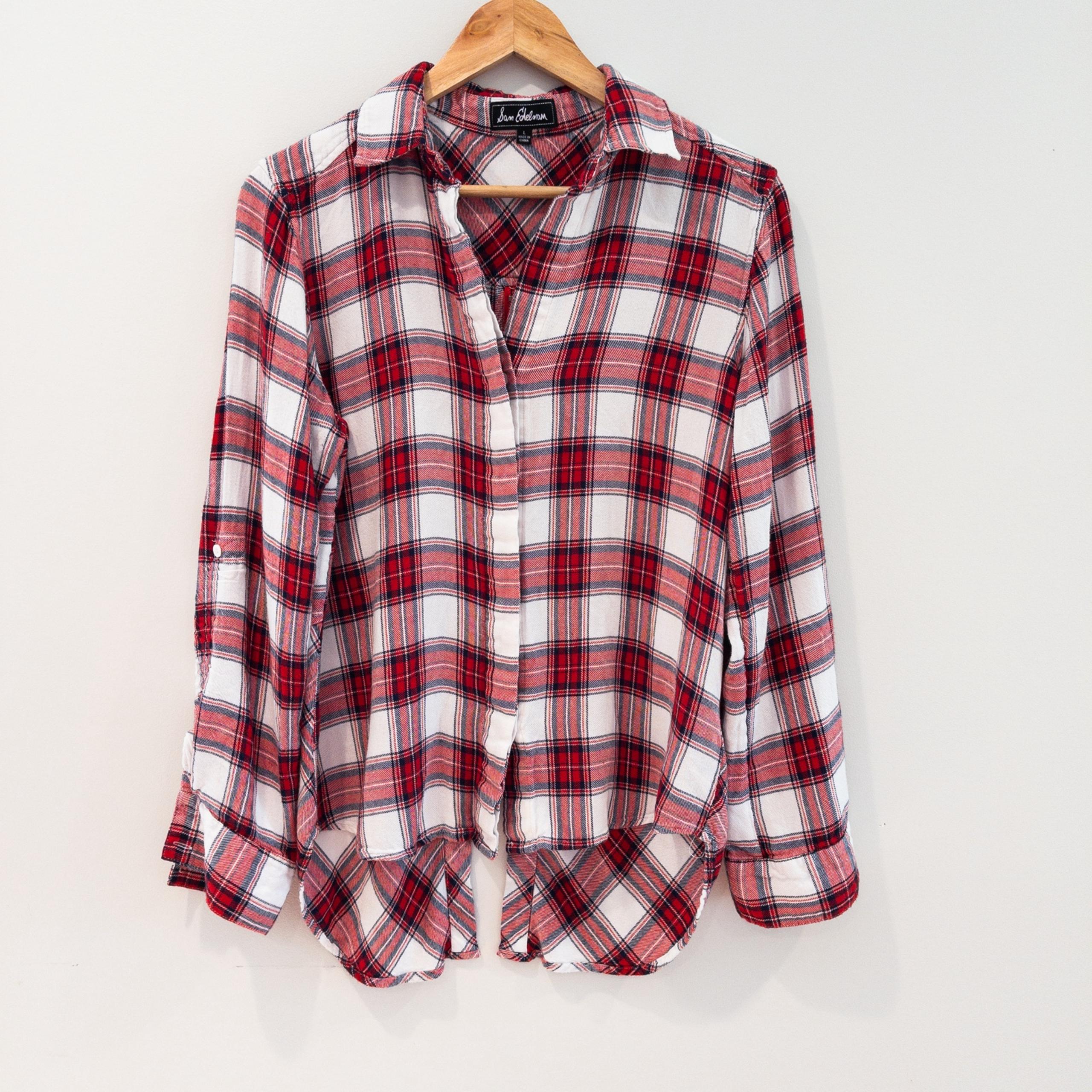 Sam Edelman Red White Blue Plaid Zip Back Roll Tab Button Down Shirt Large