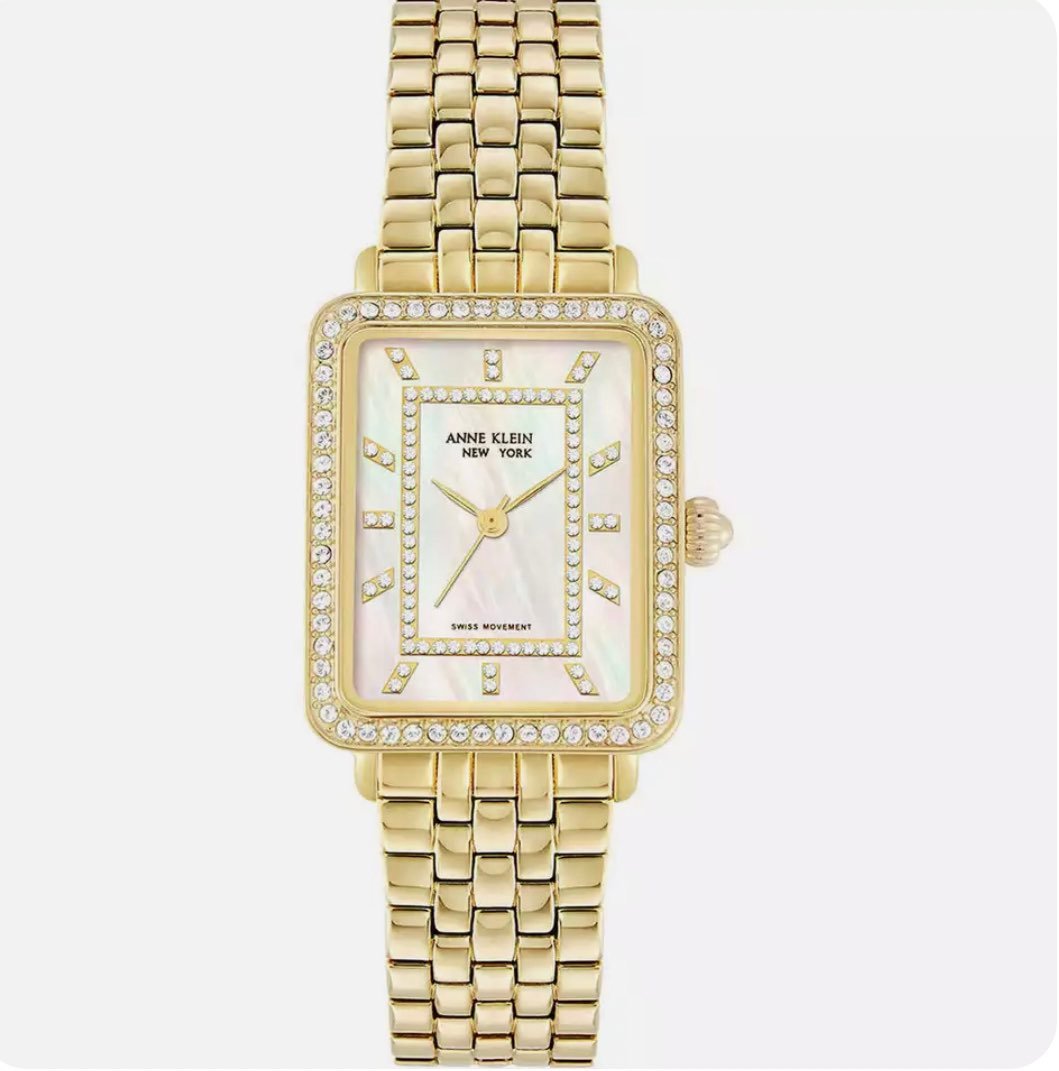 Anne Klein 12/2332MPGB Tank Mother Of Pearl Dial Crystal Watch New Works