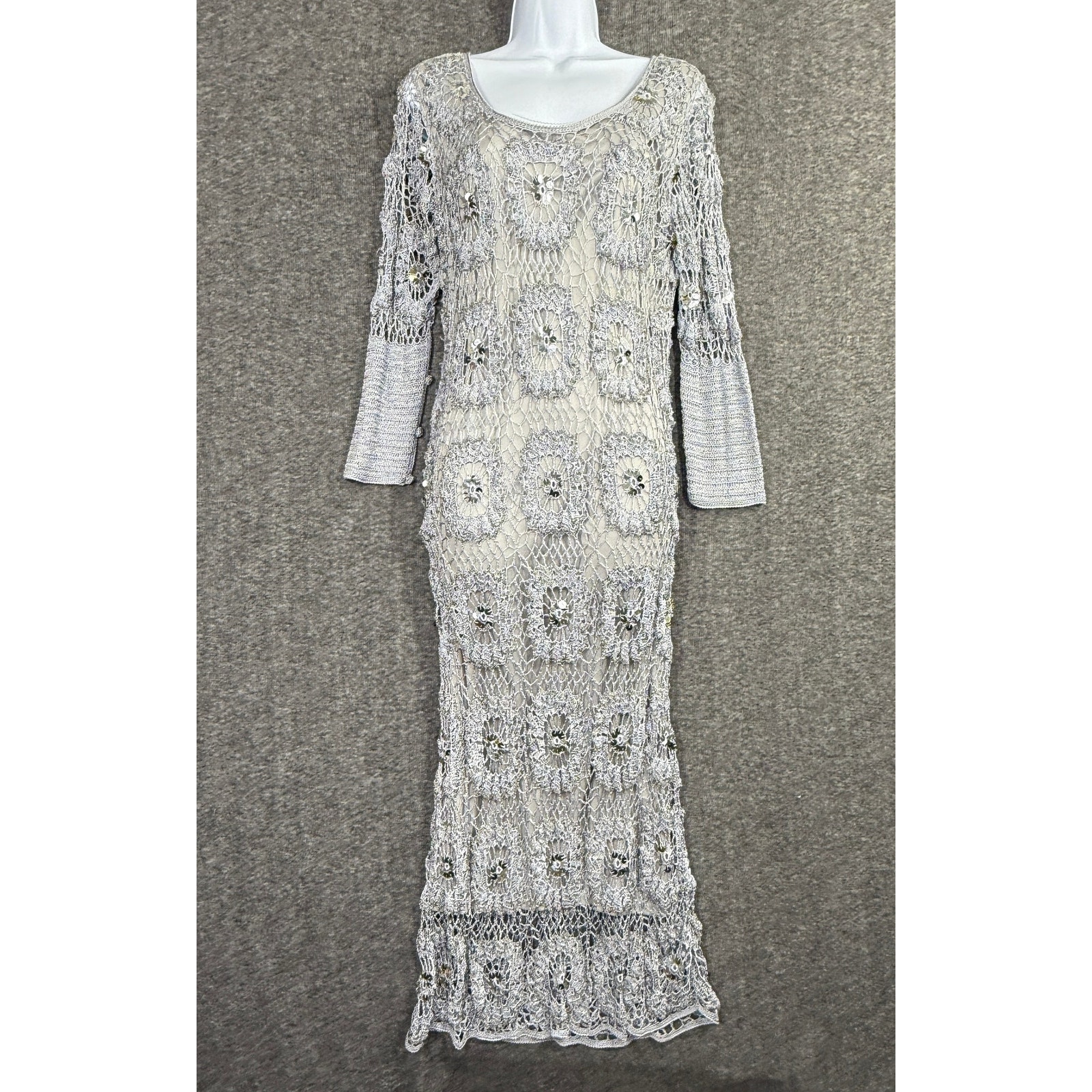 Newport News Crochet Maxi Dress XL Gray A-Line Silver Sequin 3/4 Sleeve Lined