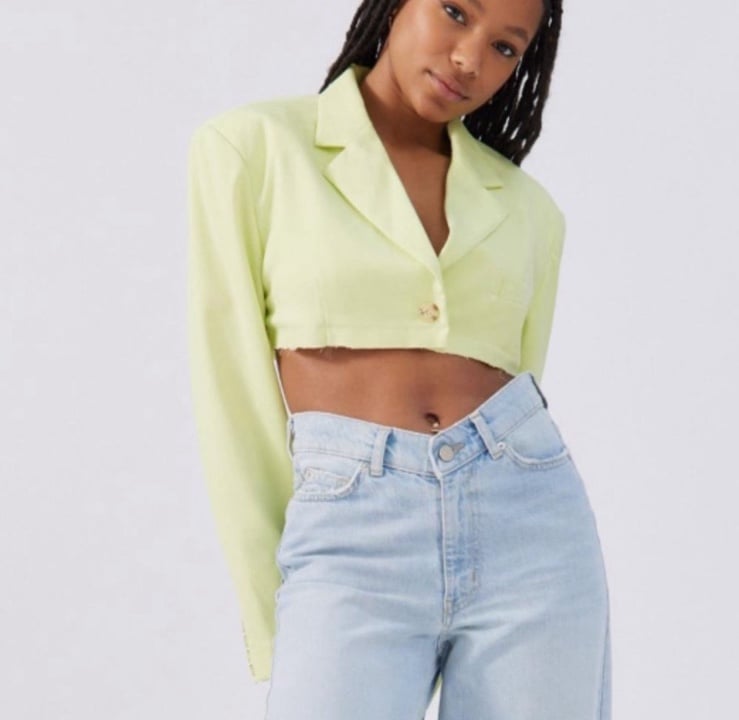 UO lime green long sleeve daisy cropped blazer with raw hem never worn