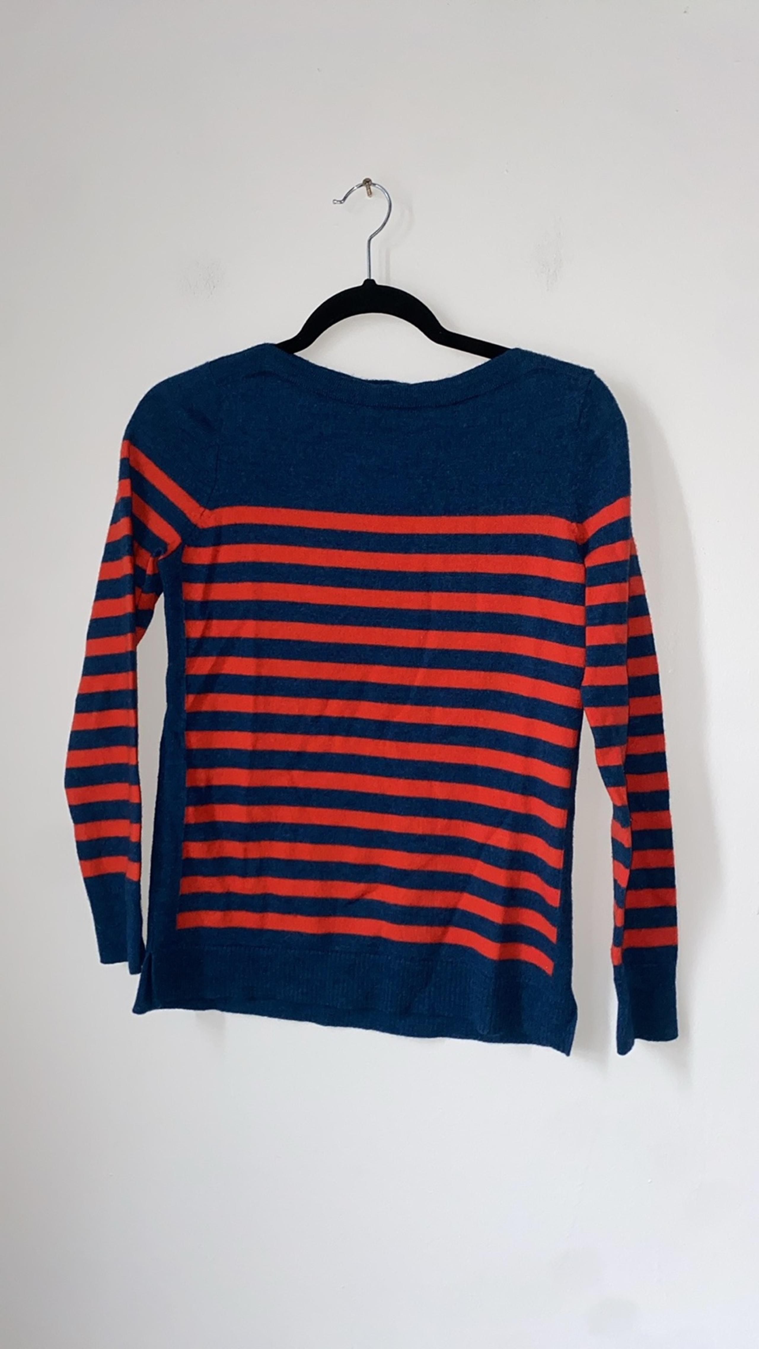 women’s blue and orange long sleeve merino wool sweater. Boat neck - Talbots