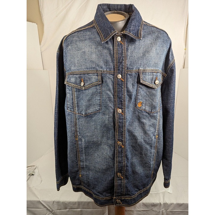 Roca Wear Mens Blue Jean Jacket with Embroidered Jute Logo on Back Size 2XL