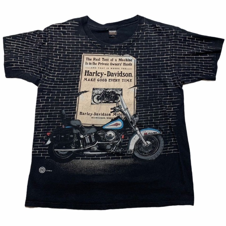 Vintage Black Single Stitch 1995 Harley Davidson All-Over Print T-Shirt