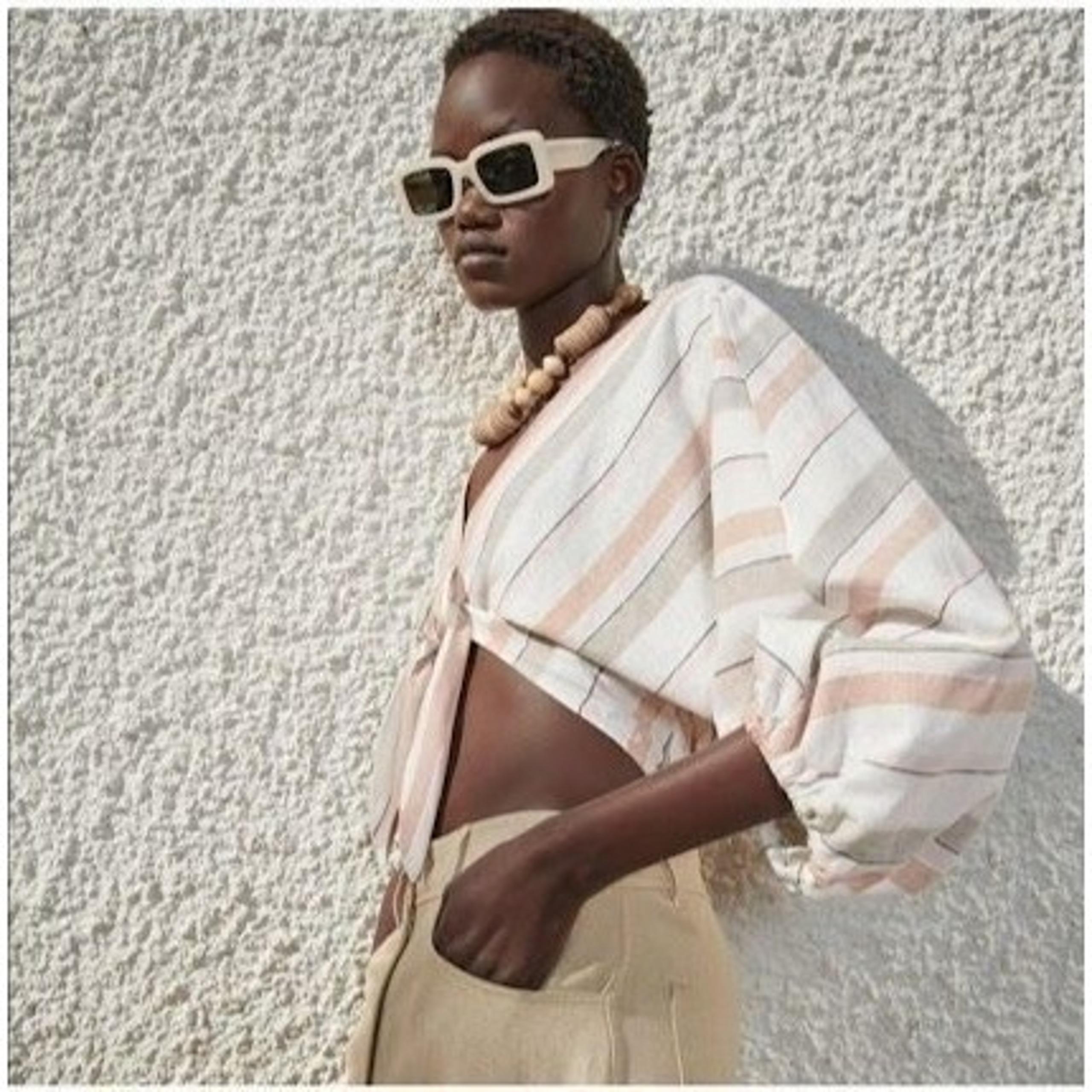 Zara Womens Linen Blend Striped V-Neck Balloon Sleeve Tie Front Crop Top Small