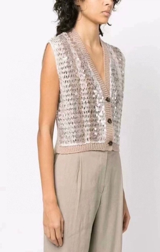 BRUNELLO CUCINELLI Stripe Sequin Embroidery Vest S