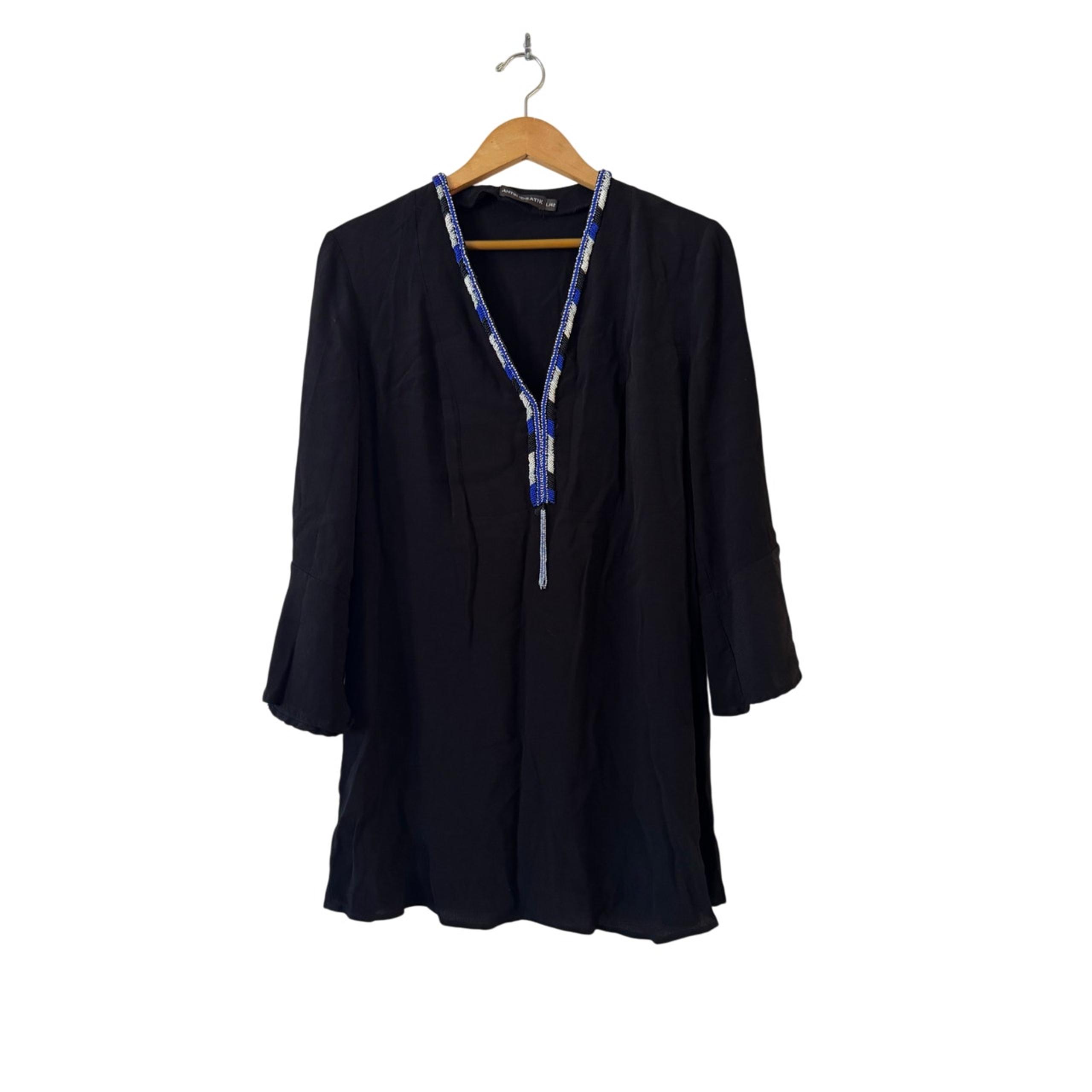 Antik Batik Beaded Mini Dress Size L Black Bell Sleeve Tassel V-Neck Boho Indie